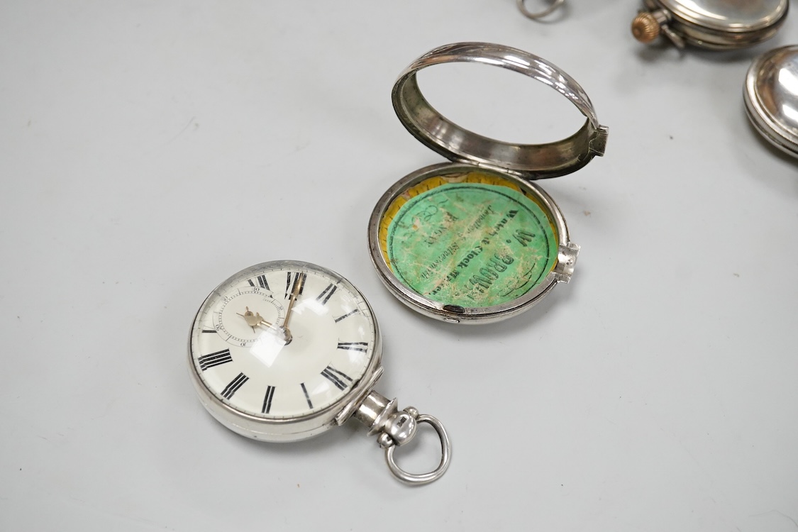 Seven assorted mainly early 20th century silver open faced pocket watches including Kendall & Dent, case diameter 51mm and Waltham, together with a late Victorian silver hunter pocket watch(a.f.).